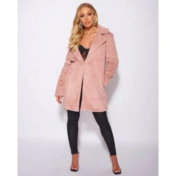 Pink Faux Fur Long Sleeve Lapel Collar Loose Fit Oversized Coat - Picture 6 of 17
